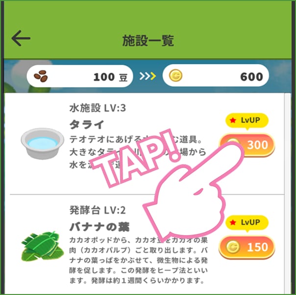 収穫したカカオ豆は時間が経つとCコインに変換されるよ。Cコインを使って施設をレベルアップさせより良い農場にしよう